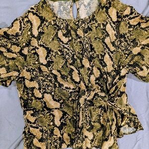 H&M Green/Black/Tan Snake Print Tie-Front Blouse - Size 8